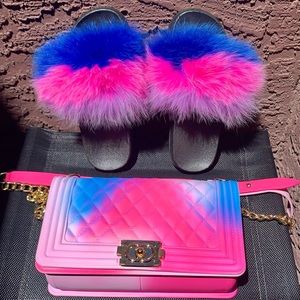 Rainbow Purse & Fur Slides Set
